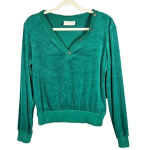 Vintage Donnkenny Green VNeck Top Womens Medium 70s Retro Long Sleeve Banded Hem